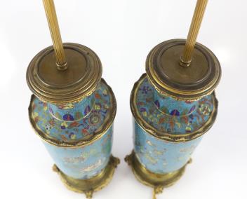 A pair of Chinese cloisonné enamel vases, 19th century with French gilt bronze lamp mounts